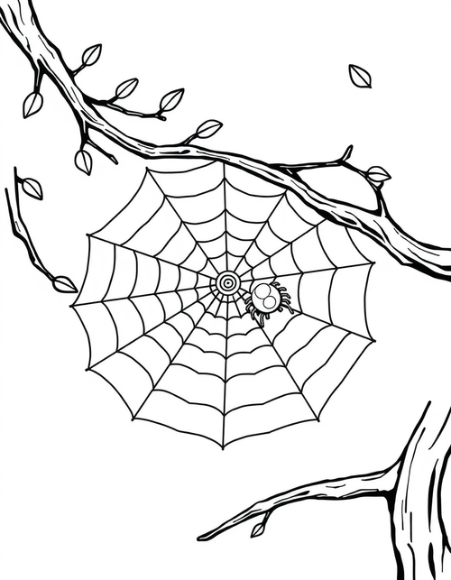 Spider Web Between Two Tree Branches black and white line art