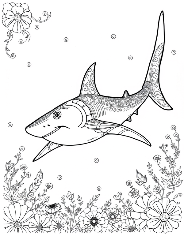 Thresher Shark With Extra Long Tail Fin - black and white coloring page
