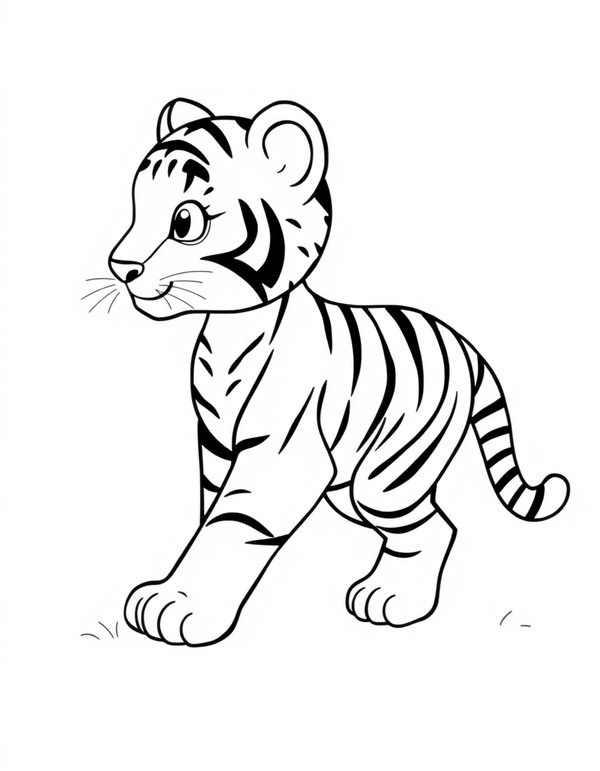 Tiger Cub With Bold Stripes black and white line art