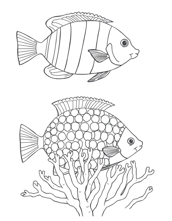 Coloring page of two tropical fish swimming above branching coral, each fish marked with bands and scale outlines
