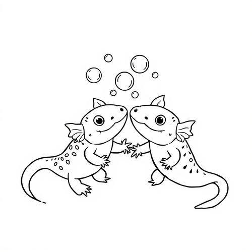 Black and white coloring page of two axolotls playing together with bubbles