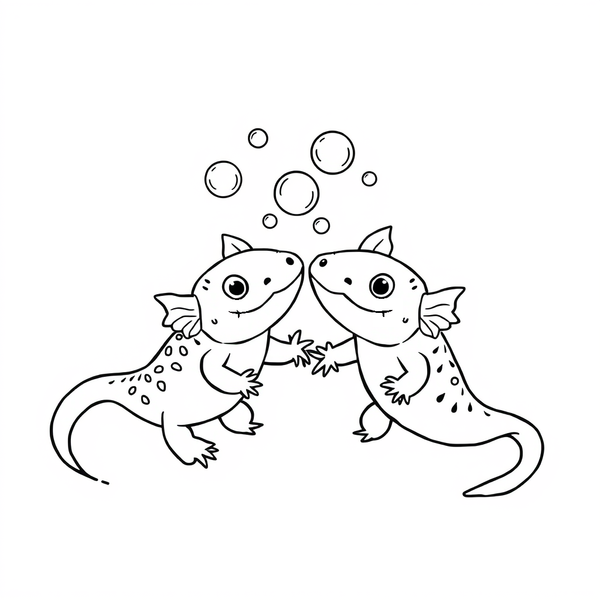 Black and white coloring page of two axolotls playing together with bubbles
