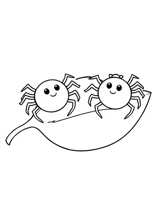 Two Friendly Spiders Sitting on a Big Leaf black and white line art