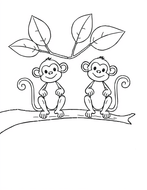 Coloring page of two monkeys sitting side by side on a tree branch under large leaves