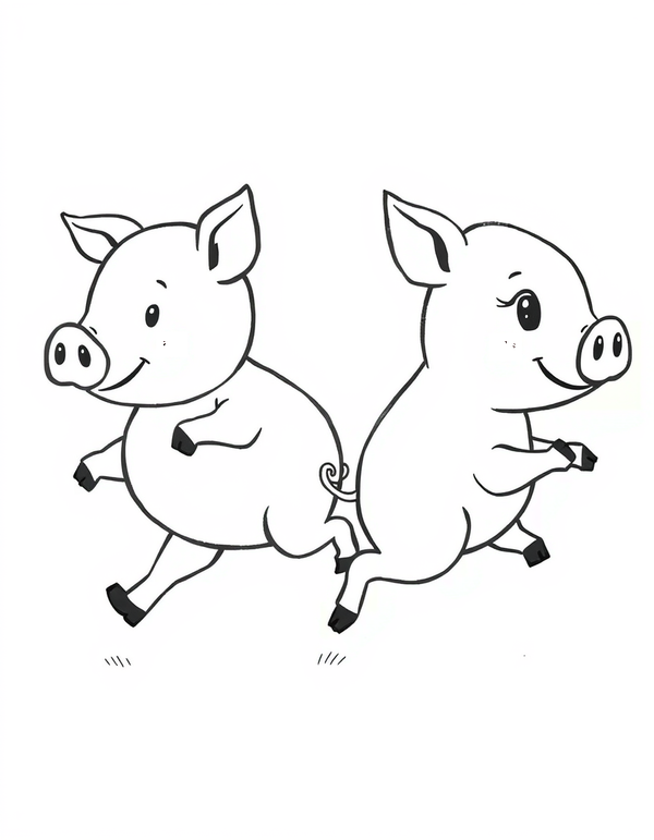 Black and white coloring page of two piglets running and playing