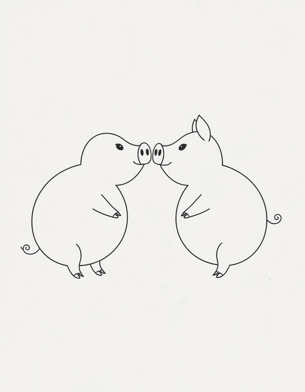 Two Pigs Nose To Nose black and white line art