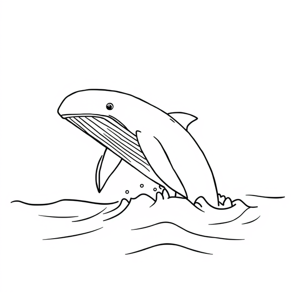 Black and white coloring page of whale breaching the ocean surface