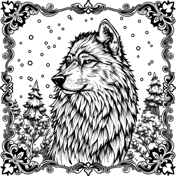 Black and white coloring page of wolf in a winter storm with snow swirling