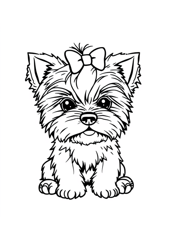 Yorkie Puppy With Tiny Bow in Hair - black and white coloring page