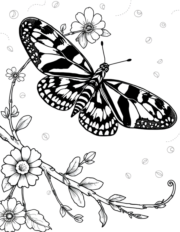 Zebra Longwing Butterfly on a Branch - black and white coloring page