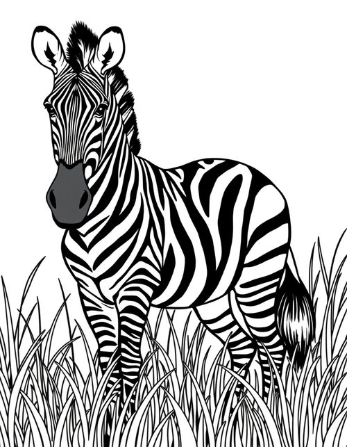 Zebra Standing in the Tall Grass black and white line art