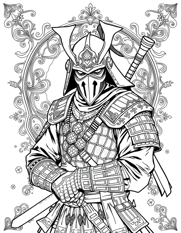 Black and white coloring page of a ninja warrior wearing elaborate samurai armor