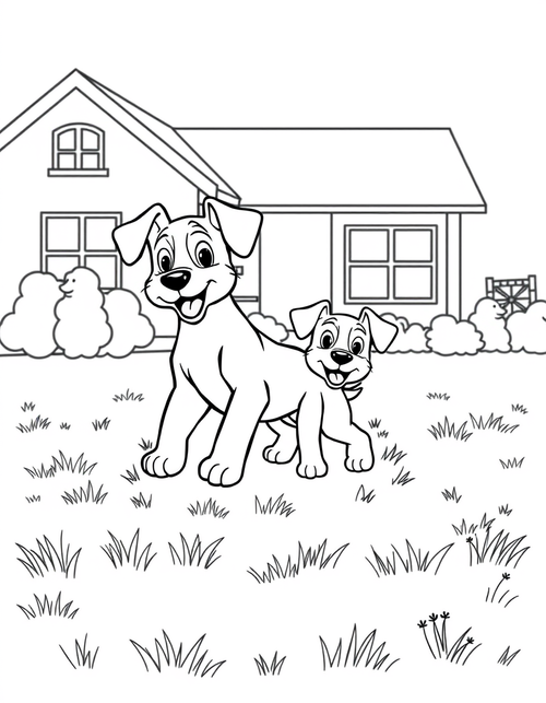 Two cartoon heeler puppies playing together, black and white line art