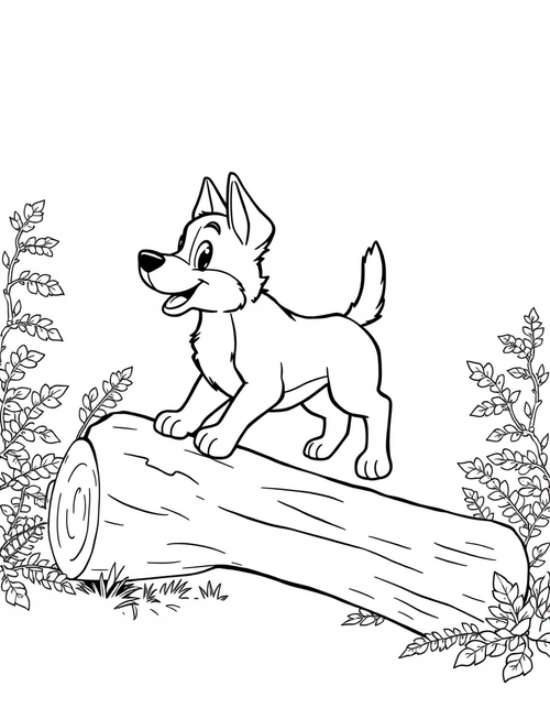 Blue heeler puppy balancing along a fallen log with paws outstretched, black and white line art