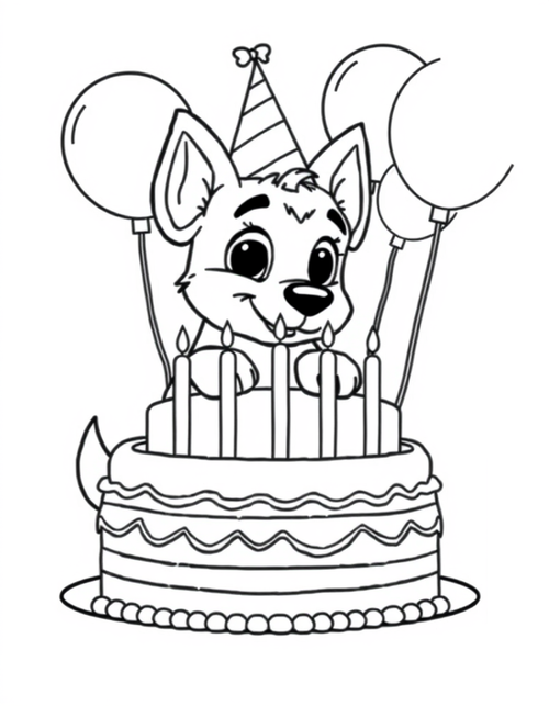 Blue heeler puppy in a party hat leaning over a birthday cake with candles, black and white line art