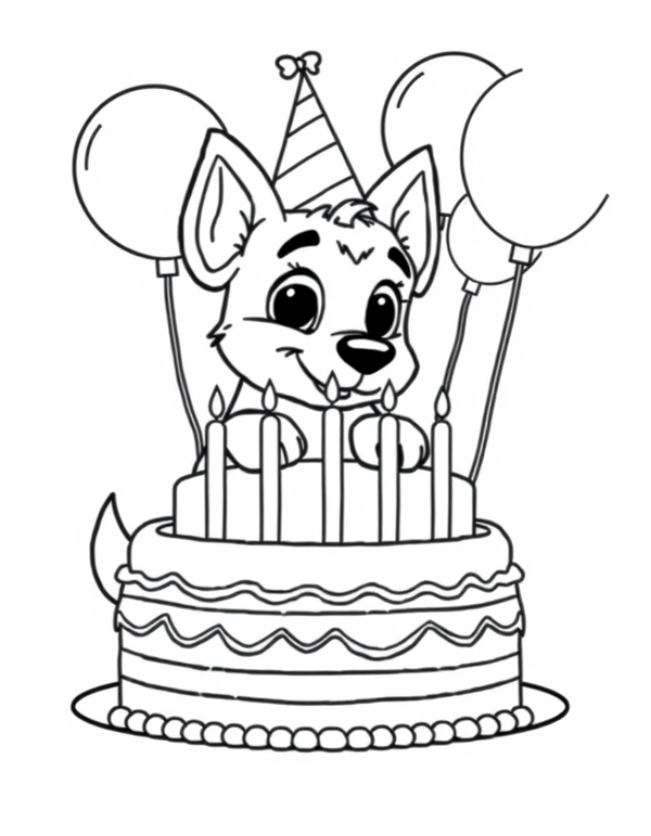 Blue heeler puppy in a party hat leaning over a birthday cake with candles, black and white line art