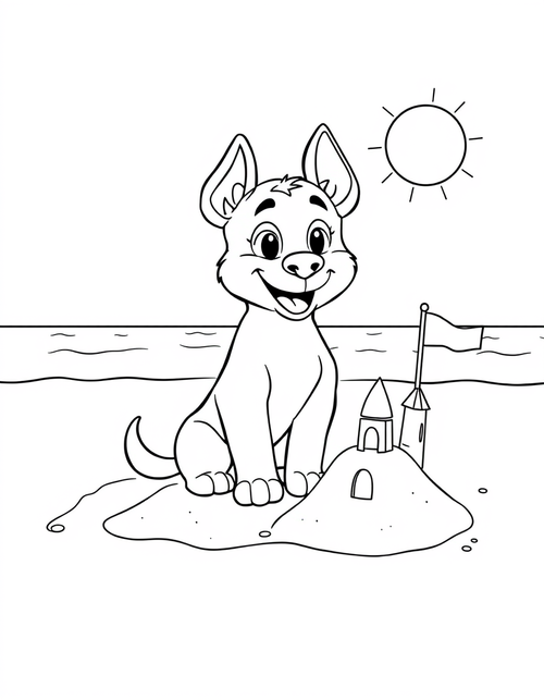Blue heeler puppy building a sandcastle on a beach, black and white line art
