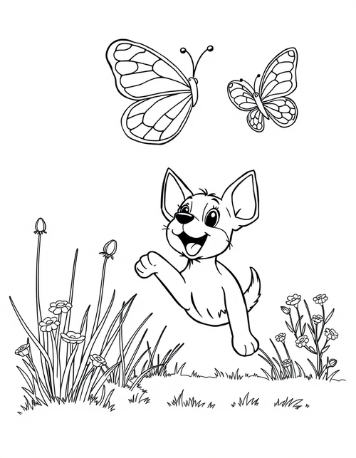Blue heeler puppy leaping after a butterfly in tall grass, black and white line art