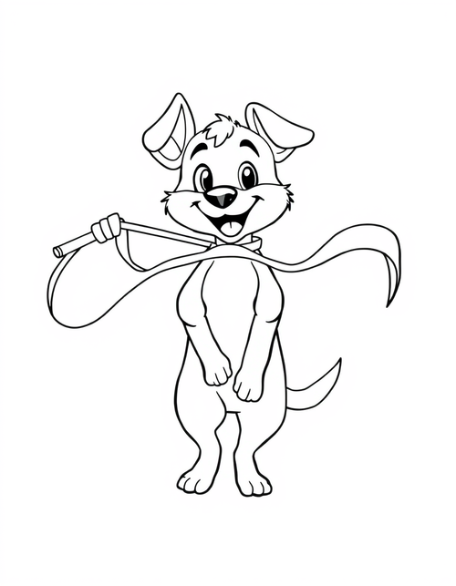 Blue heeler puppy dancing while swirling a long ribbon in loops, black and white line art
