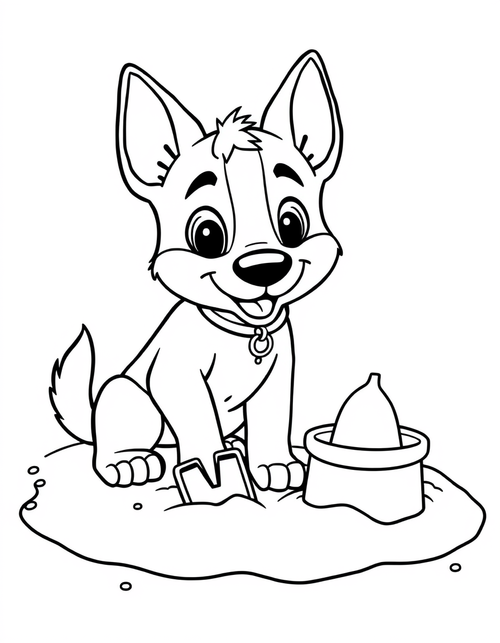 Blue heeler puppy kneeling in a sandpit with a bucket and spade, black and white line art