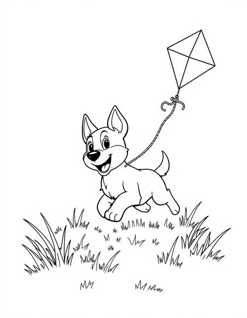 Blue heeler puppy running with a diamond kite on a long string, black and white line art