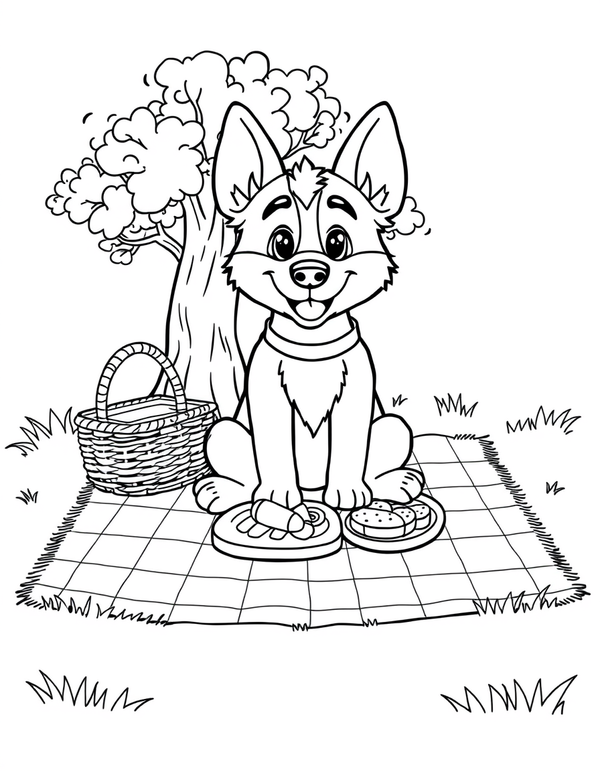 Blue heeler puppy sitting on a picnic blanket with a basket and food, black and white line art