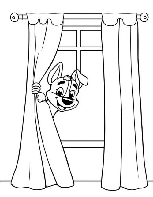 Blue heeler puppy peeking out from behind a long curtain, black and white line art
