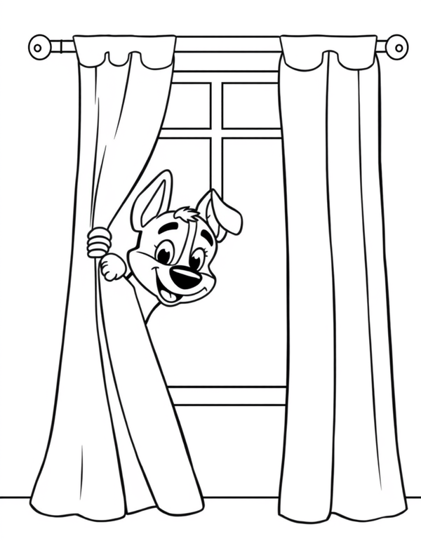 Blue heeler puppy peeking out from behind a long curtain, black and white line art