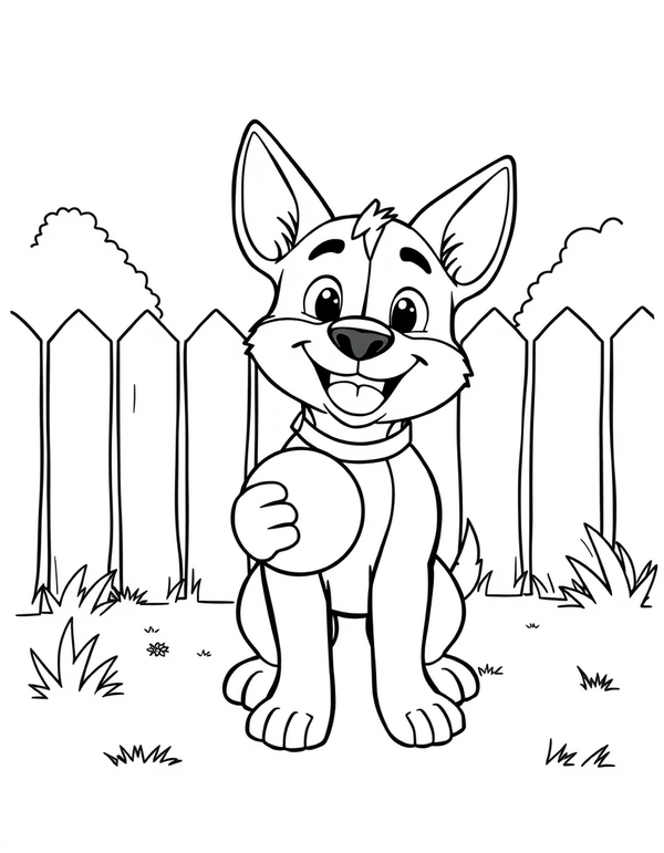 Blue heeler puppy standing in a backyard holding a ball, black and white line art