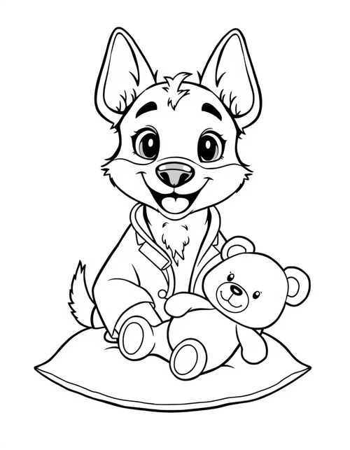 Blue heeler puppy wearing a toy stethoscope beside a teddy bear patient, black and white line art