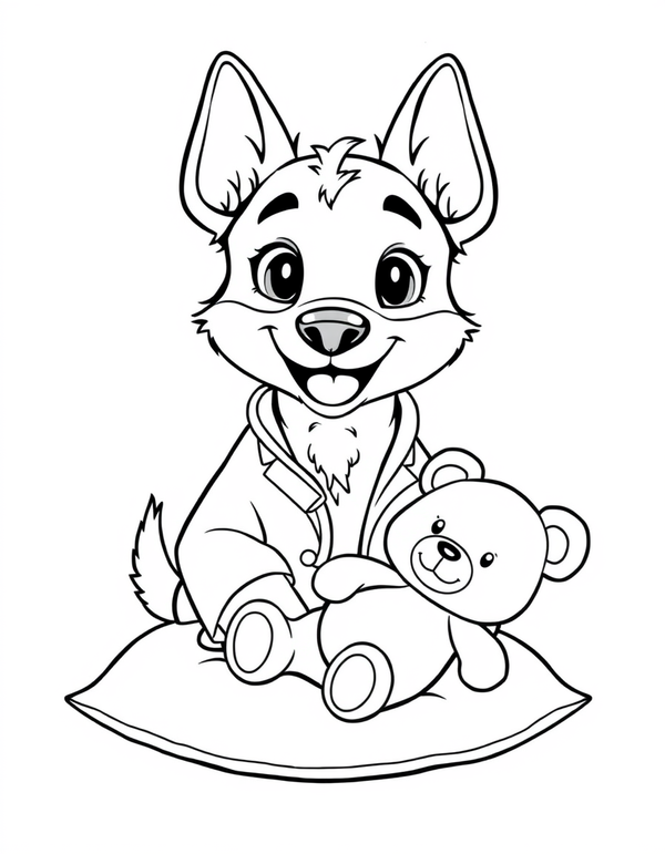 Blue heeler puppy wearing a toy stethoscope beside a teddy bear patient, black and white line art