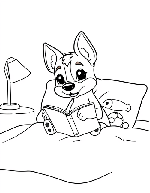 Blue heeler puppy sitting up in bed reading a book by lamplight, black and white line art