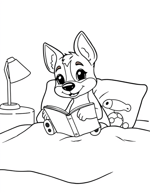 Blue heeler puppy sitting up in bed reading a book by lamplight, black and white line art