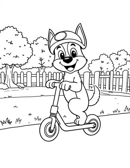 Blue heeler puppy riding a kick scooter wearing a helmet, black and white line art