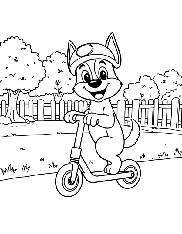 Blue heeler puppy riding a kick scooter wearing a helmet, black and white line art