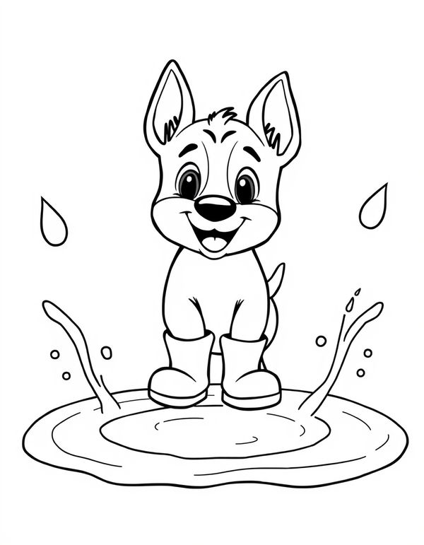 Blue heeler puppy in rain boots jumping into a puddle, black and white line art