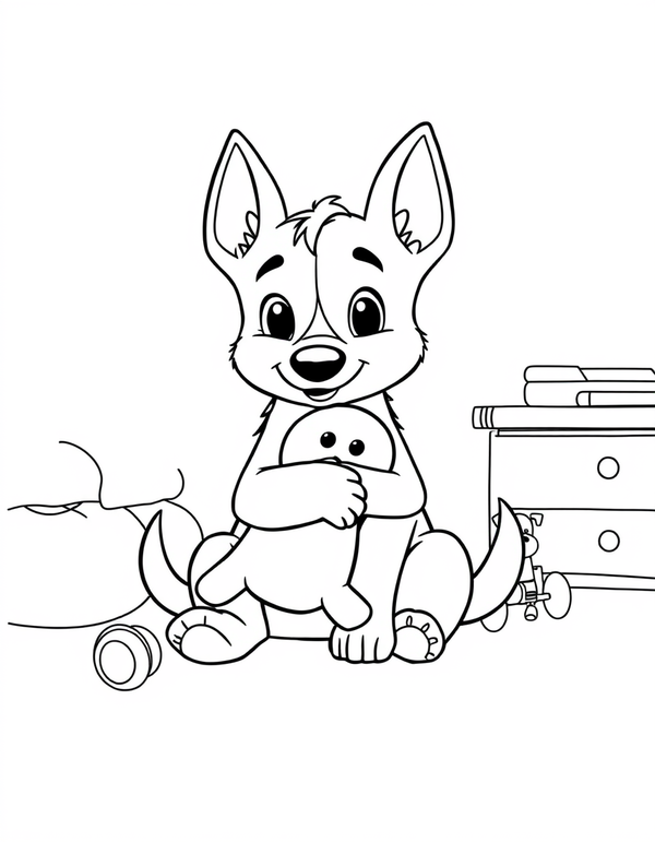 Blue heeler puppy sitting and hugging a floppy stuffed toy, black and white line art