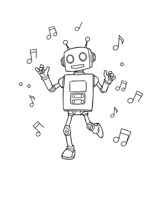 Dancing Robot Surrounded By Musical Notes - Free printable coloring page