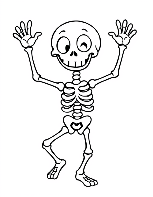 Cartoon skeleton dancing with both arms raised, black and white line art