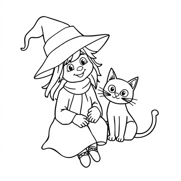 Black and white coloring page of friendly witch sitting with a black cat
