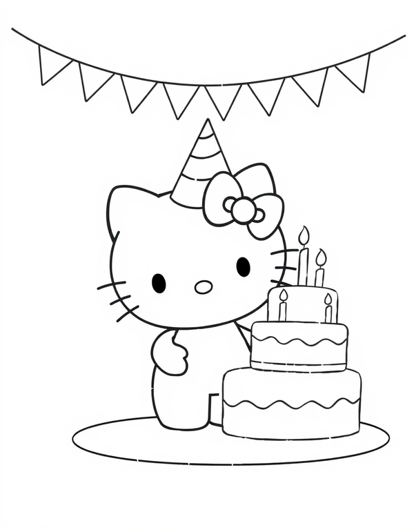 Small white cartoon cat in a party hat beside a tiered birthday cake, black and white line art