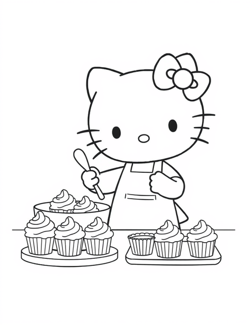 Small white cartoon cat in an apron stirring a mixing bowl with cupcakes nearby, black and white line art