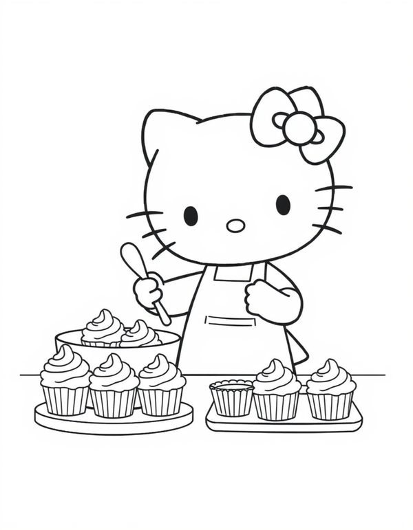 Small white cartoon cat in an apron stirring a mixing bowl with cupcakes nearby, black and white line art