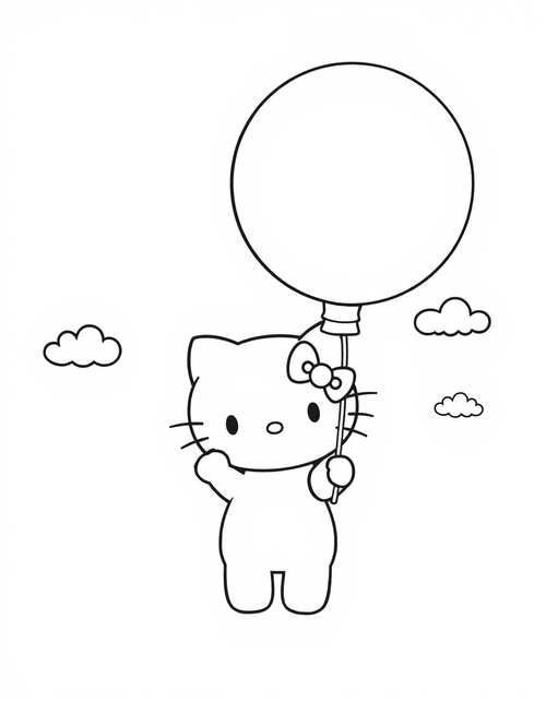 Small white cartoon cat holding a large balloon on a string, black and white line art