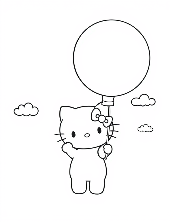 Small white cartoon cat holding a large balloon on a string, black and white line art