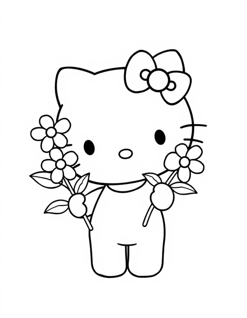 Small white cartoon cat with a bow holding a bouquet of flowers, black and white line art