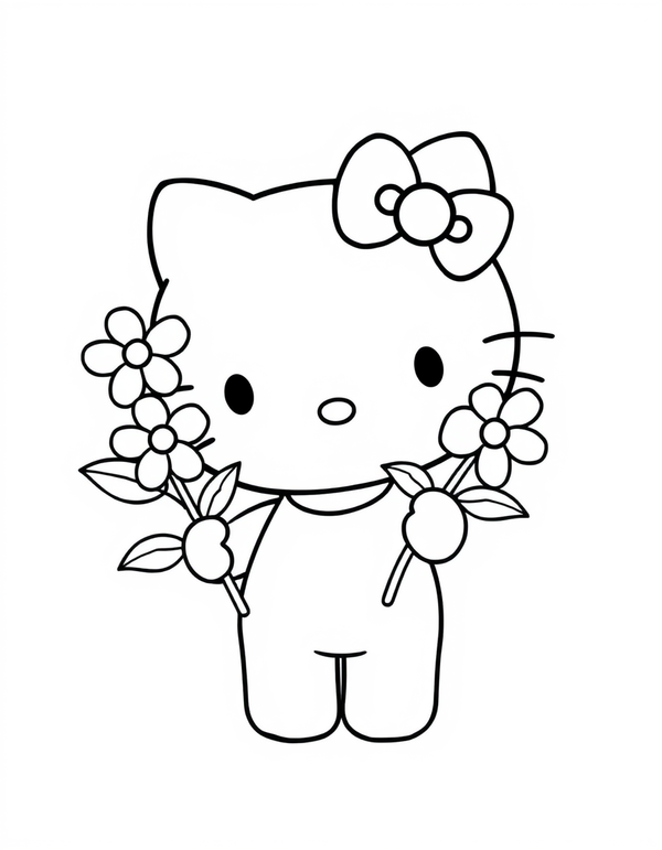 Small white cartoon cat with a bow holding a bouquet of flowers, black and white line art
