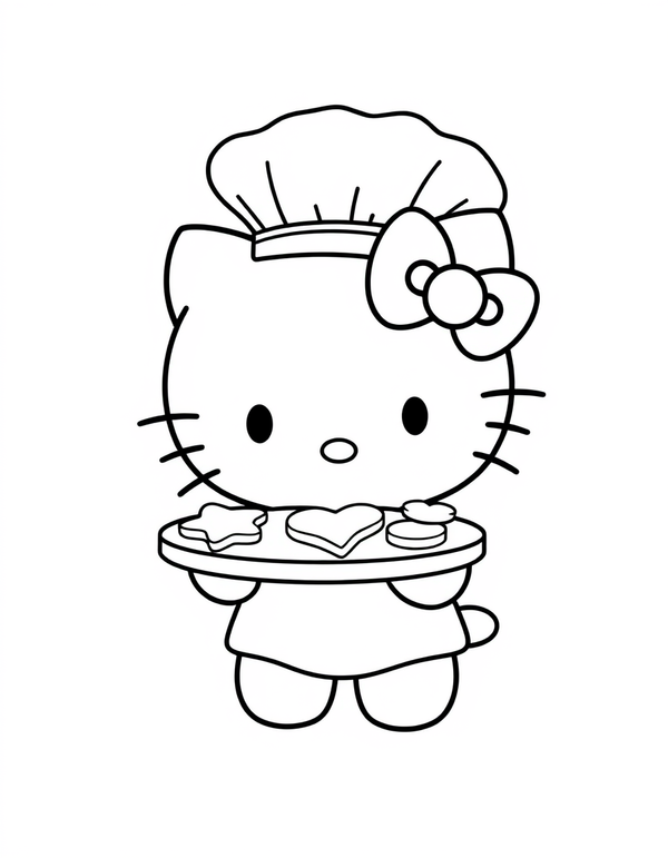 Small white cartoon cat in a chef hat holding a tray of cookies, black and white line art