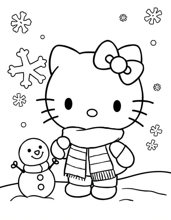 Small white cartoon cat in a scarf and mittens with snowflakes falling, black and white line art