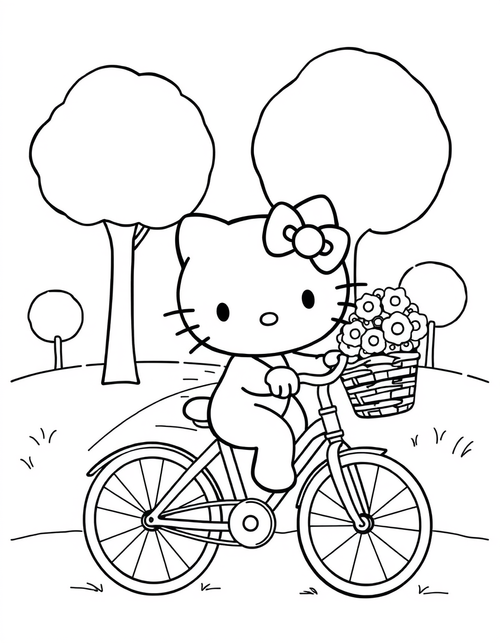 Small white cartoon cat riding a bicycle with a basket of flowers, black and white line art